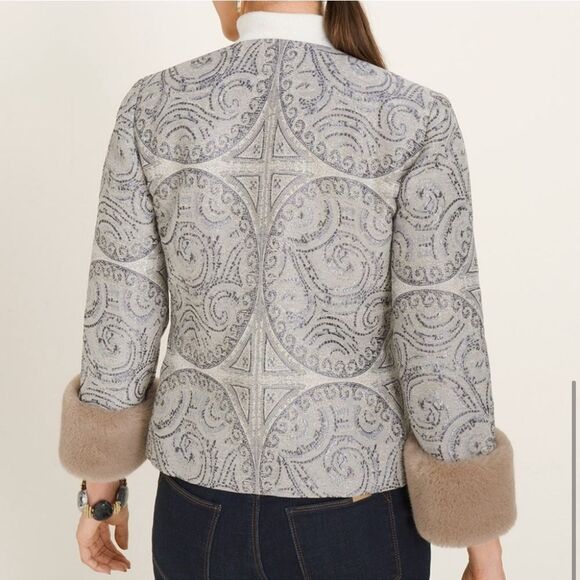 Chico’s Metallic Brocade Jacket w/ Faux Fur Cuffs | Size 2P (12/14P) - Picture 12 of 13